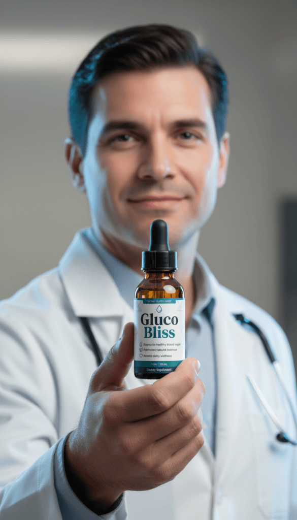 GlucoBliss liquid drops shown in a product lifestyle image