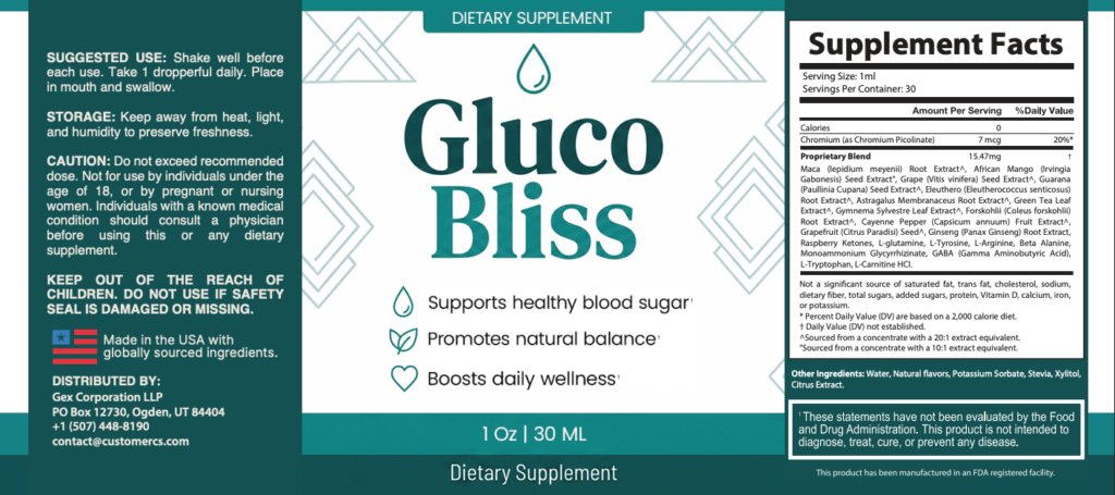 GlucoBliss Supplement Facts label